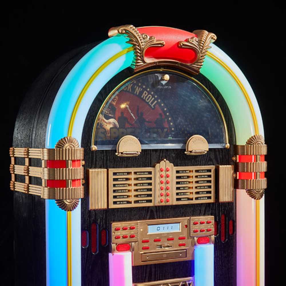 The image presents the side view of the Arkrocket x Elvis Presley Saturn V Full Size Bluetooth Vinyl Record Jukebox