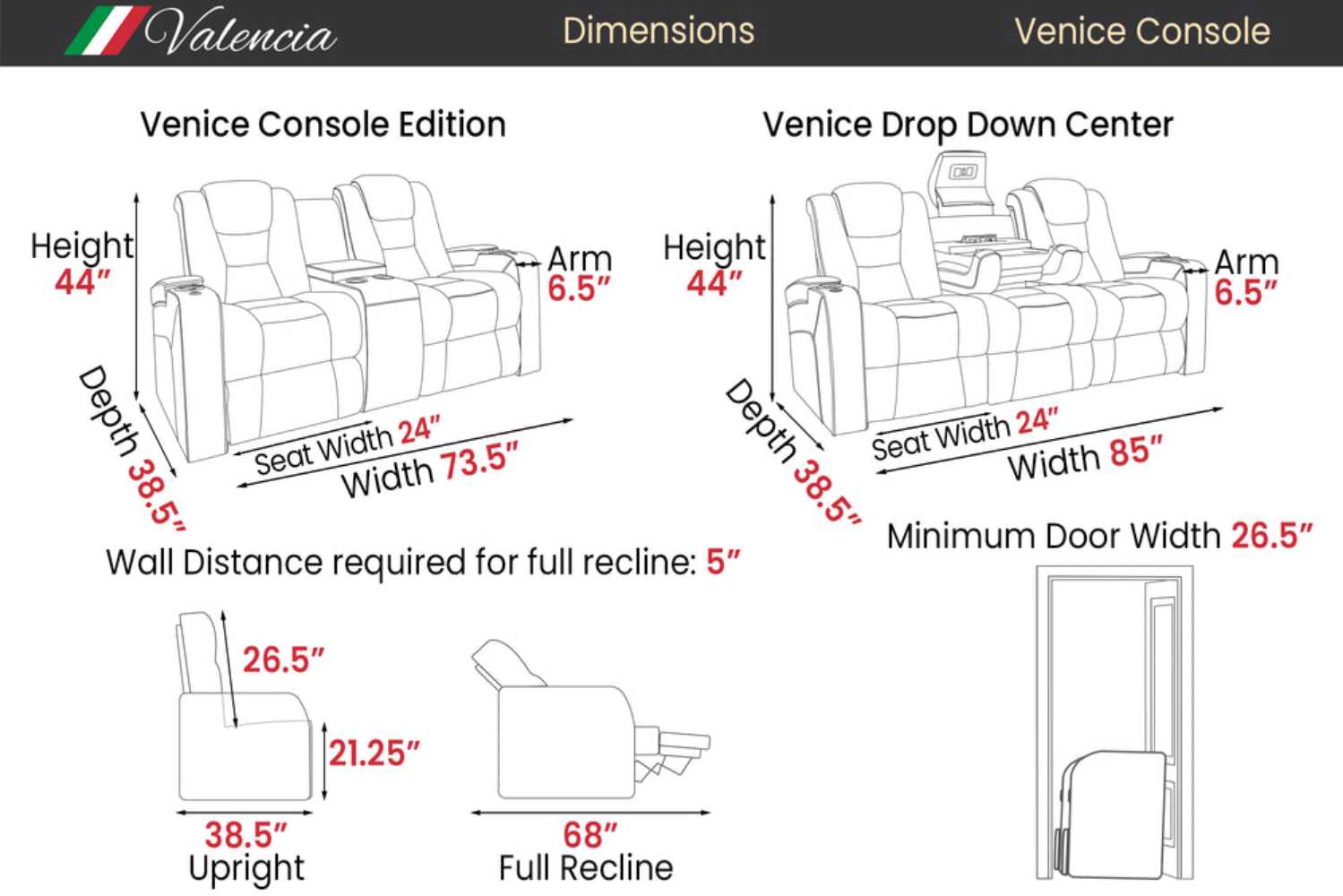 The image provides dimensions of the Valencia Venice Console Home Theater Seating, highlighting its height, depth, width, and reclining space requirements