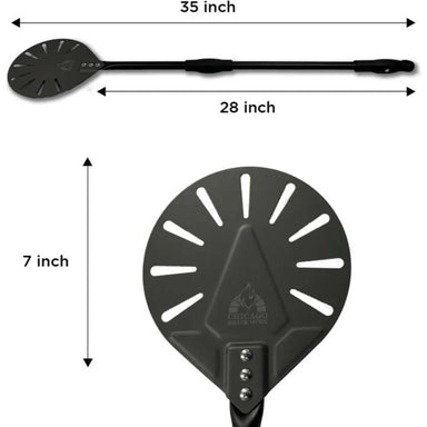 The image provides measurements of the Chicago Brick Oven 7 Diameter Turning Perforated Pizza Peel, showing its 35-inch length when fully extended and 7-inch diameter