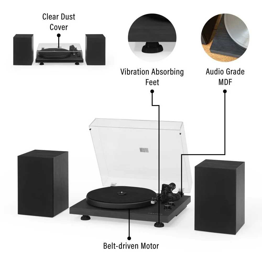 The image showcases the Crosley C62C Turntable System - Black with a clear dust cover, vibration-absorbing feet, and audio-grade MDF speakers