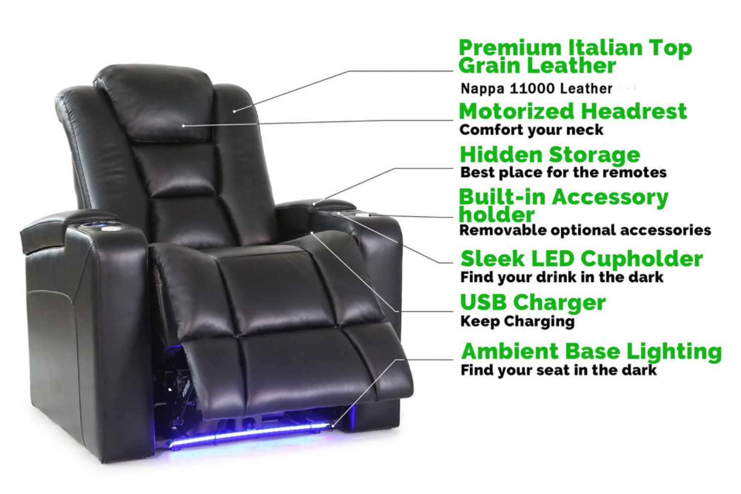 The image showcases the Valencia Venice Home Theater Seating, featuring premium leather, hidden storage, USB charging, and LED lighting