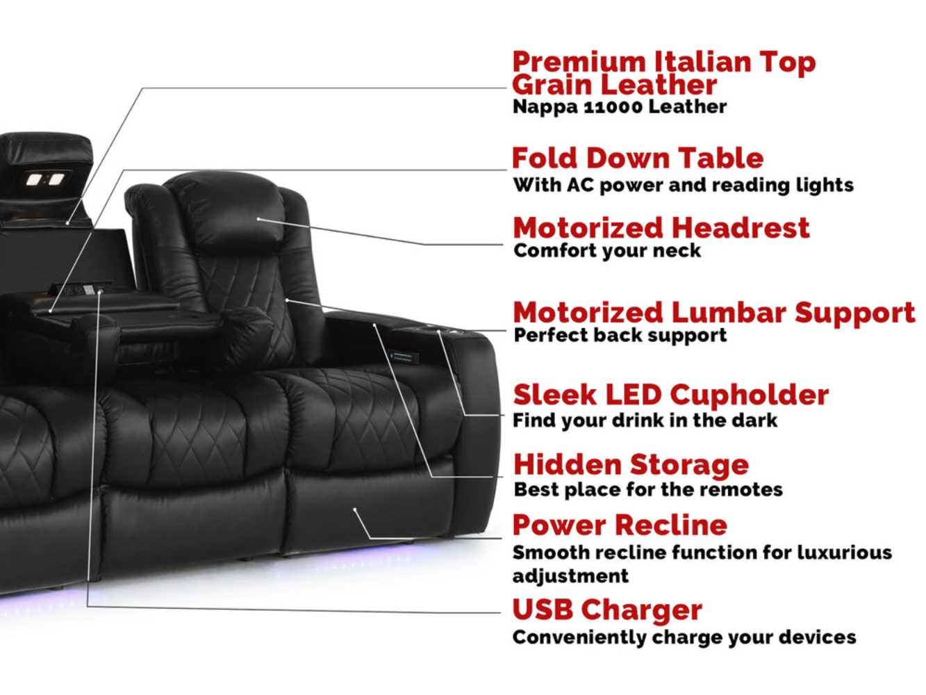 The image showcases the premium features of the Valencia Tuscany Console Edition Home Theater Seating