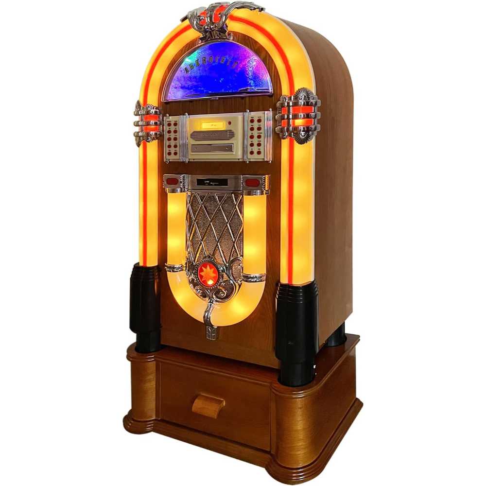 The image shows Arkrocket Taurus Jukebox with Stand - Classic  2024 New Upgrade with vivid orange lighting and a wooden finish