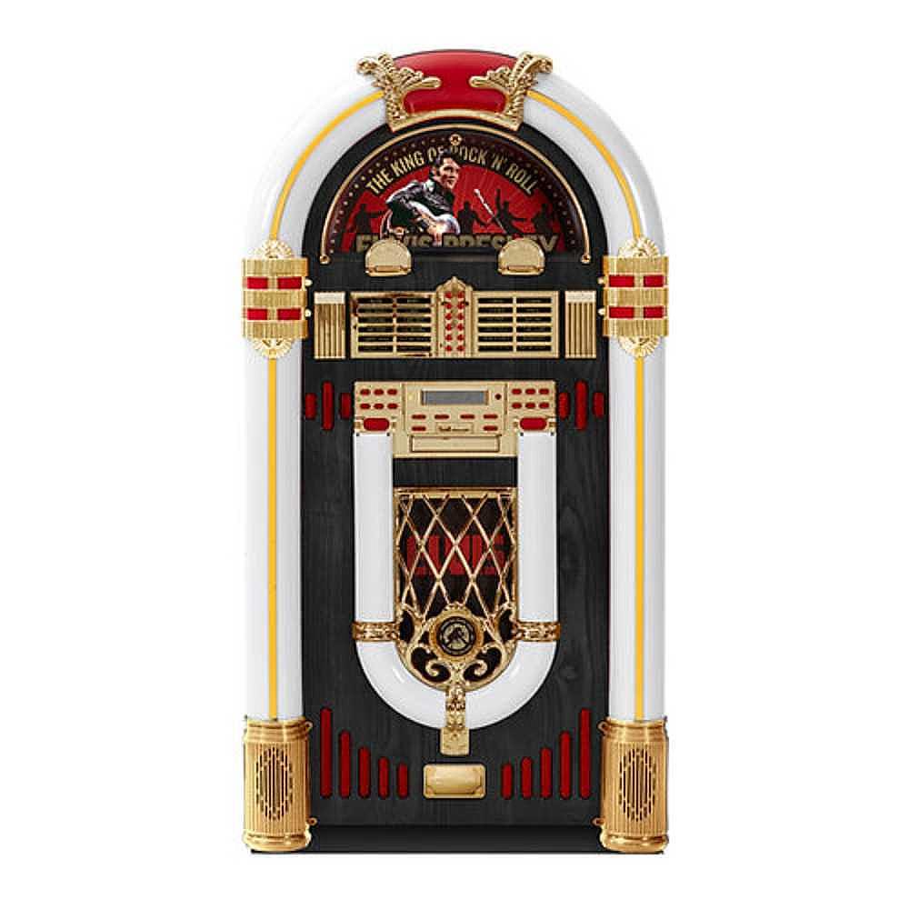 The image shows Arkrocket x Elvis Presley Saturn V Full Size Bluetooth Vinyl Record Jukebox in a white variant with gold accents and Elvis imagery at the top