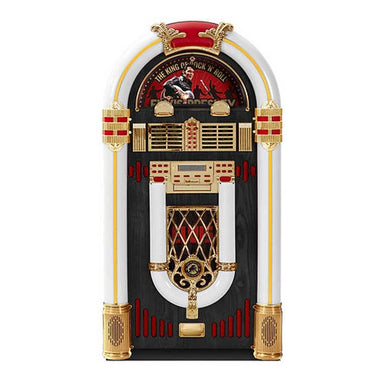 The image shows Arkrocket x Elvis Presley Saturn V Full Size Bluetooth Vinyl Record Jukebox in a white variant with gold accents and Elvis imagery at the top