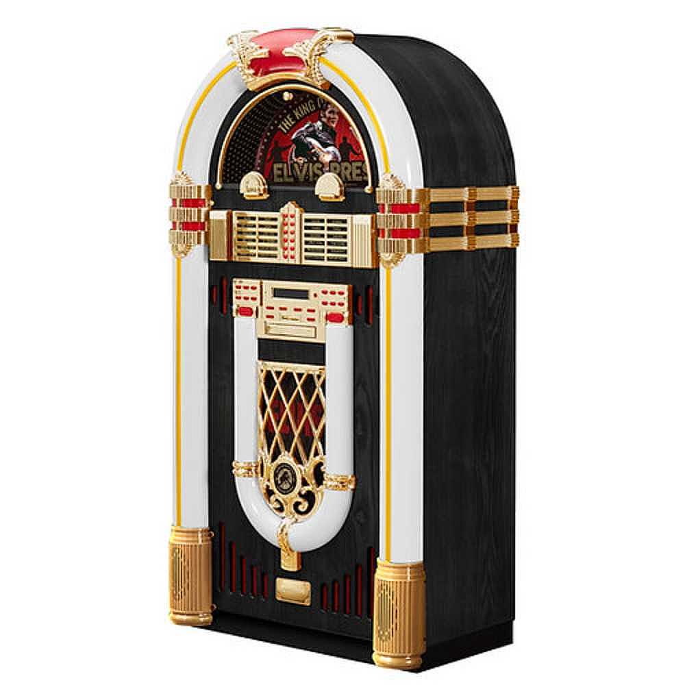 The image shows Arkrocket x Elvis Presley Saturn V Full Size Bluetooth Vinyl Record Jukebox with a vintage black and gold design and red and white accents