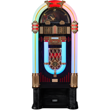 The image shows Arkrocket x Elvis Presley Saturn V Full Size Jukebox with Stand featuring vibrant neon lighting in red, blue, and green around the edges.