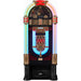 The image shows Arkrocket x Elvis Presley Saturn V Full Size Jukebox with Stand featuring vibrant neon lighting in red, blue, and green around the edges