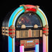 The image shows Arkrocket x Elvis Presley Saturn V Full Size Jukebox with Stand with a close-up view of its illuminated top