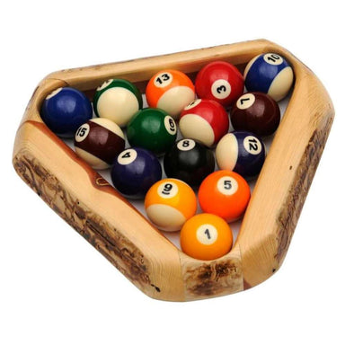 The image shows a Fireside Lodge Juniper Log Pool Triangle, a rustic wooden pool ball rack with a natural log design, holding a full set of billiard balls arranged inside.