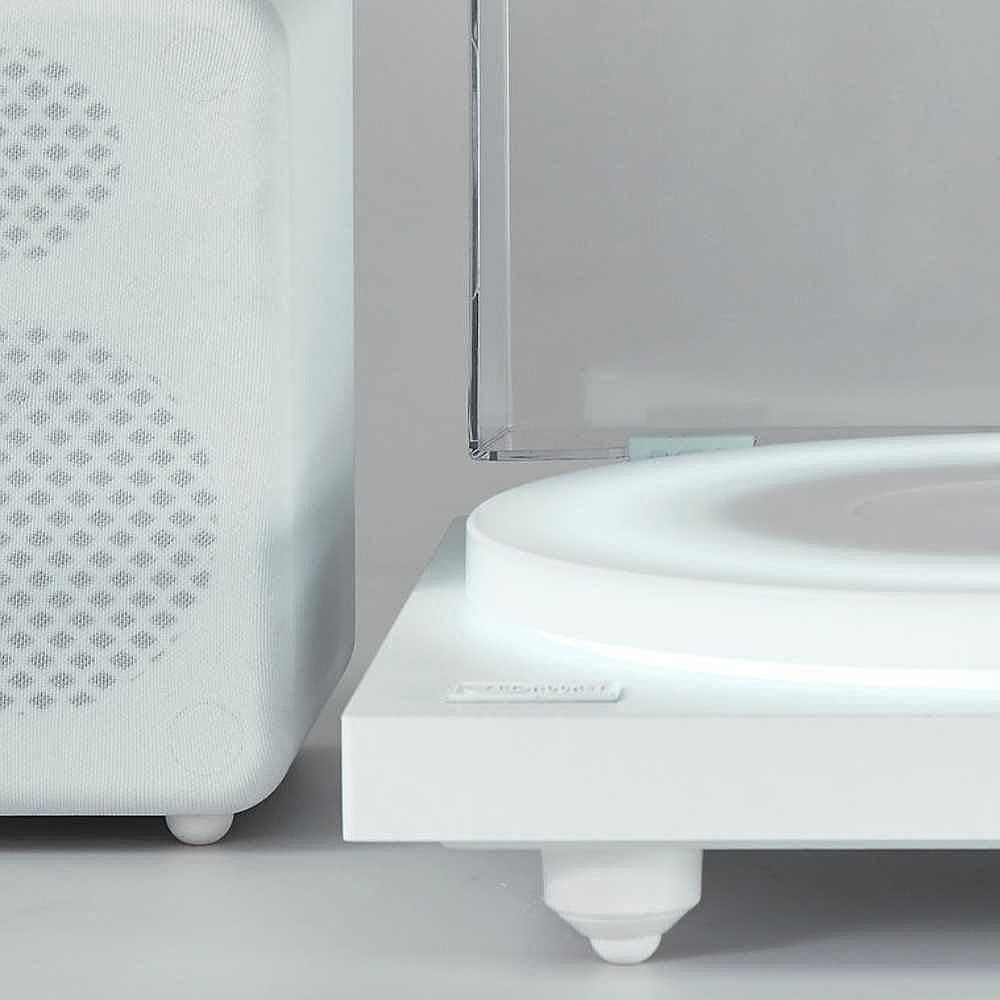 The image shows a close-up of a white speaker next to Arkrocket Polaris II Bluetooth Turntable with 40W Bookshelf Speaker and LED Lighting System