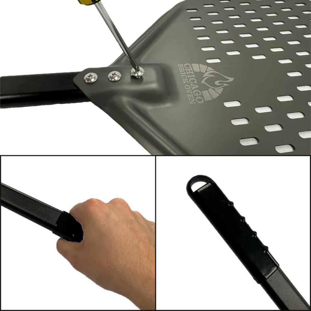 The image shows a person tightening screws on the Chicago Brick Oven 12x15 Perforated Pizza Peel