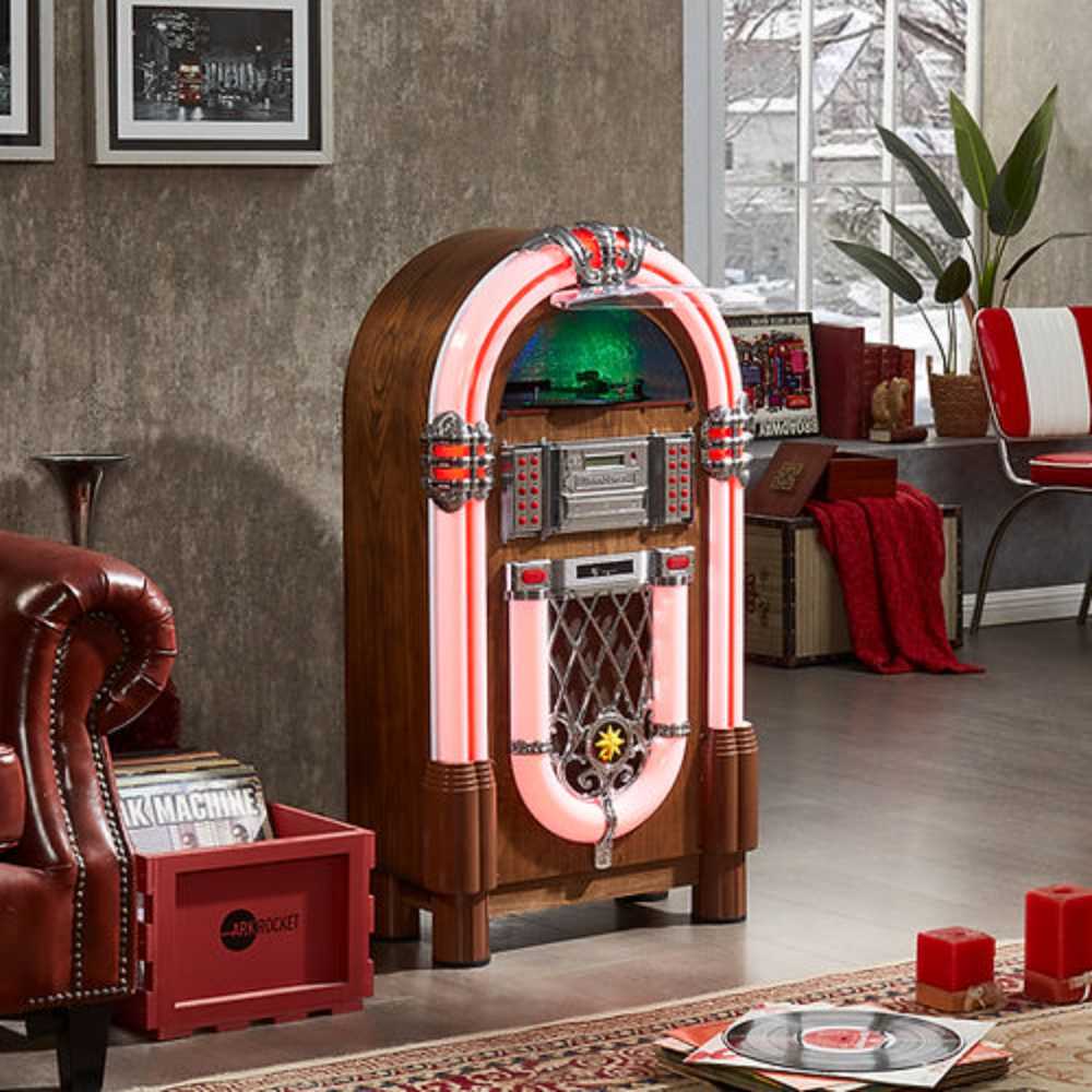 The image shows the Arkrocket Taurus II Jukebox - Dark Oak 2024 New Upgrade in a cozy room