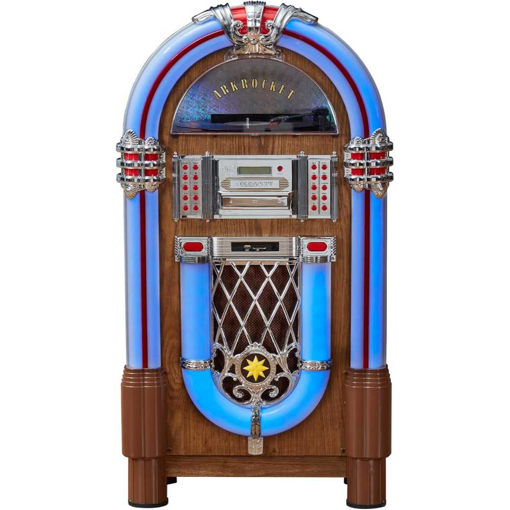 The image shows the Arkrocket Taurus II Jukebox - Dark Oak 2024 New Upgrade with blue neon lights glowing brightly