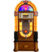 The image shows the Arkrocket Taurus Jukebox with Stand - Classic 2024 New Upgrade with bright orange neon lighting, a wooden base, and chrome details