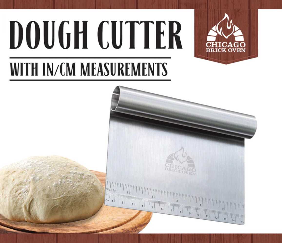 The image shows the Chicago Brick Oven 6 x 4 12 Stainless Steel Dough CutterScraper placed beside a ball of dough