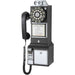 The image shows the Crosley 1950's Classic Pay Phone - Black, a retro-style wall-mounted phone with a rotary dial, coin slots, and a handset