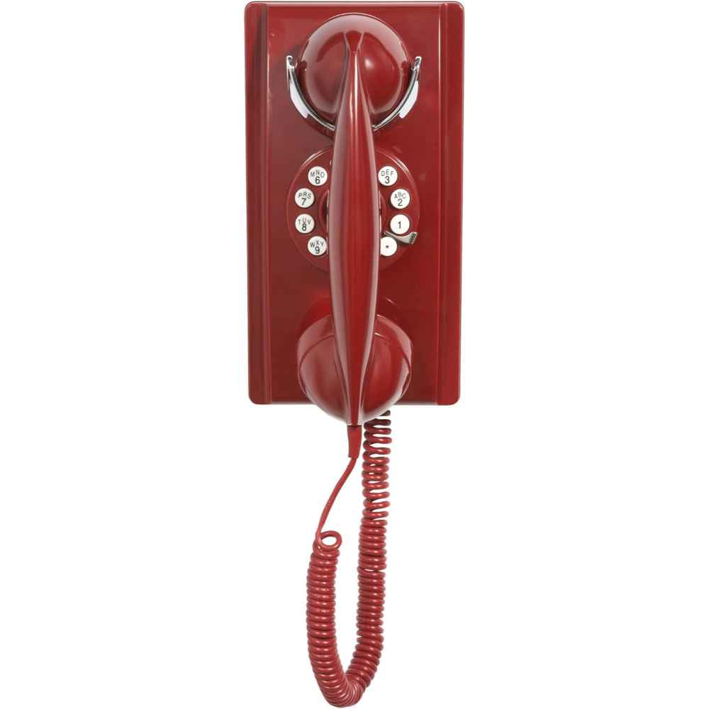 The image shows the Crosley 302 Wall Phone - Red, a retro-style rotary wall phone with a sleek red design and a coiled cord