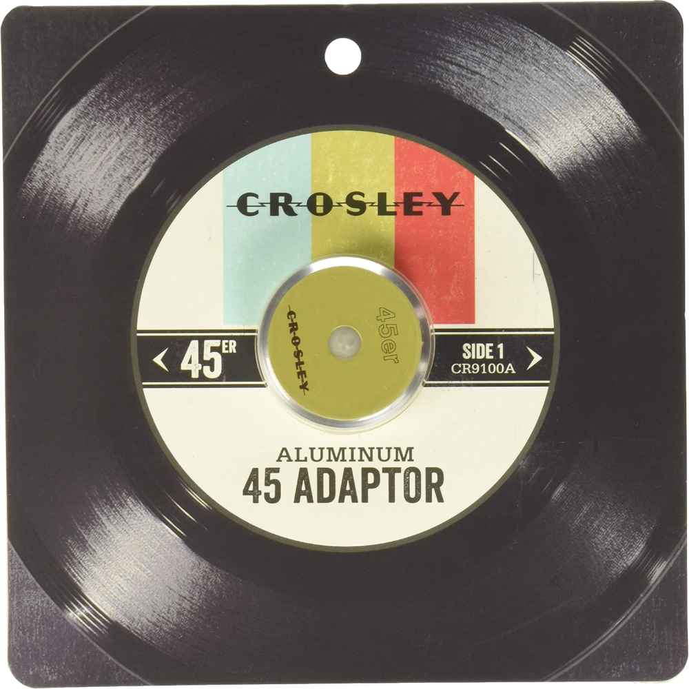 The image shows the Crosley 45'er Aluminum Adaptor - Green, designed to resemble a vinyl record sleeve with a colorful label in the center