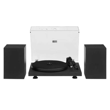 The image shows the Crosley C62C Turntable System - Black as a complete set with a sleek, modern turntable and matching speakers