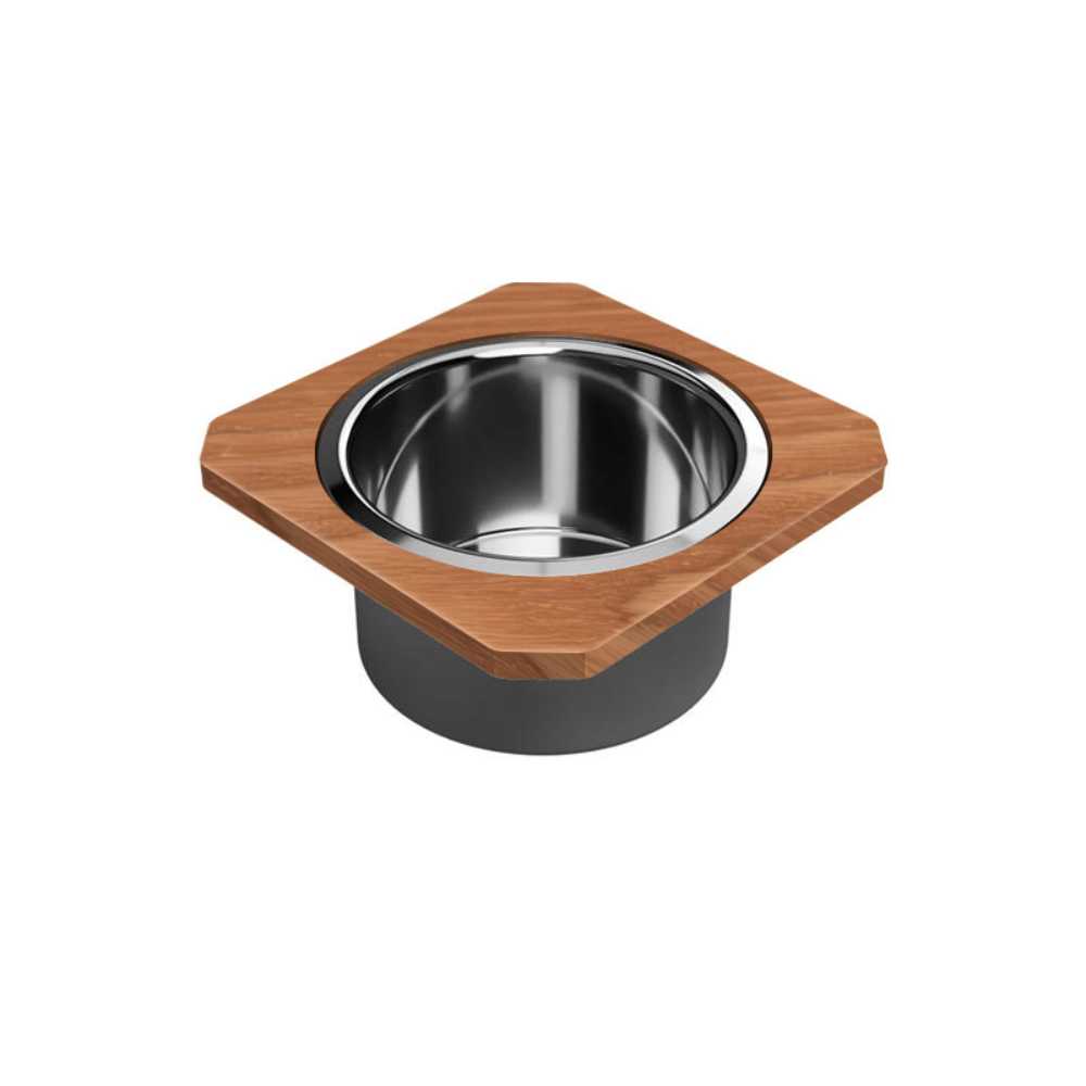 The image shows the Game Theory Tables DMWing Shelf Cupholder Adapter with a natural wood finish surrounding a stainless steel cupholder