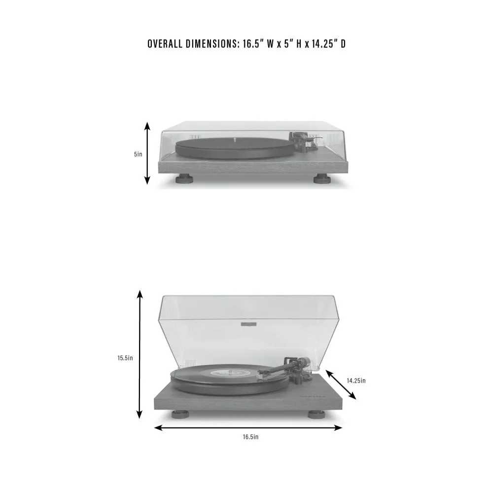 The image shows the dimensions of the Crosley C6 Bluetooth Turntable - Mahogany, measuring 16.5 inches wide, 5 inches high, and 14.25 inches deep with the lid closed