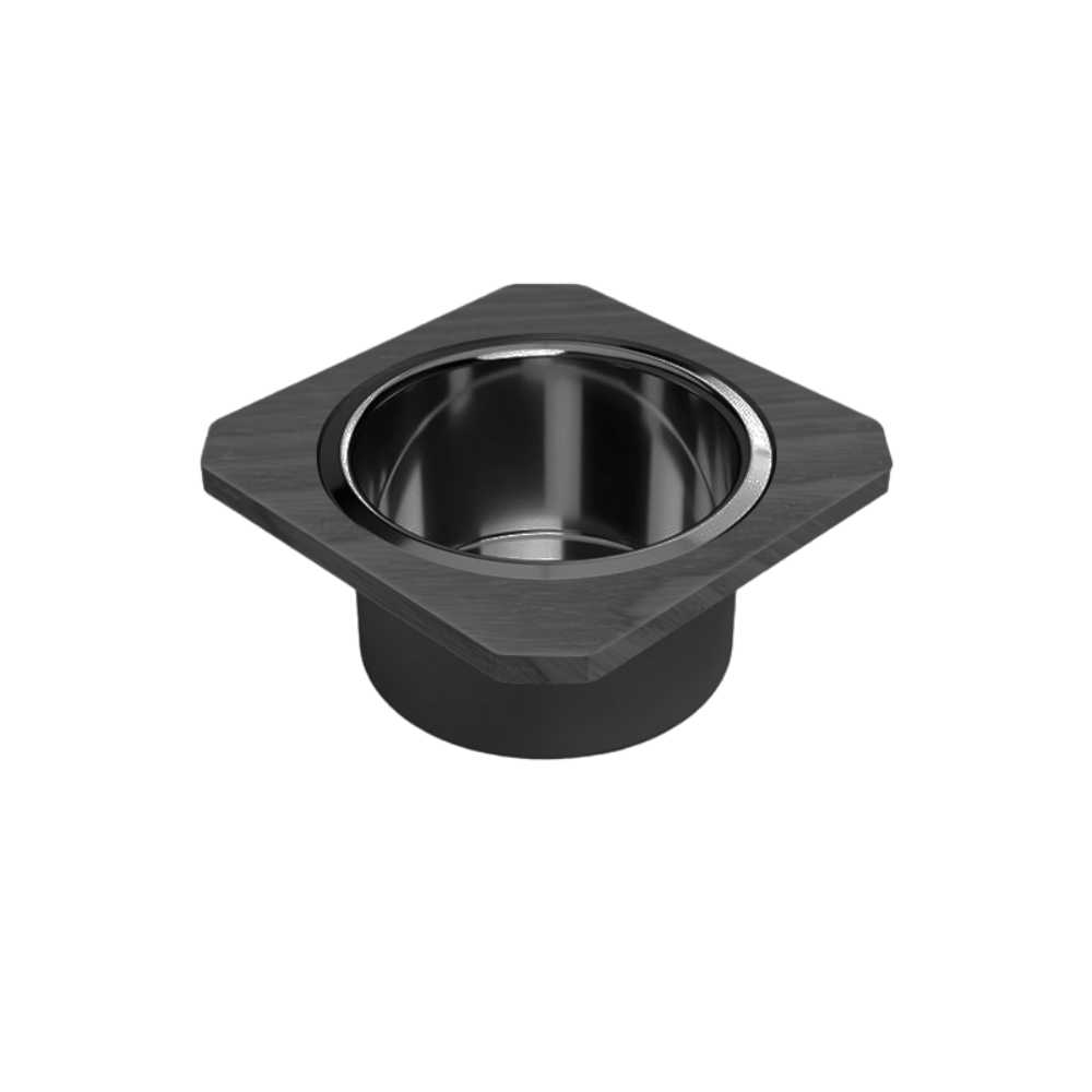 The image shows the onyx Game Theory Tables DMWing Shelf Cupholder Adapter in a sleek black finish with a stainless steel cupholder