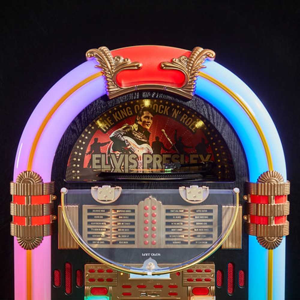 The image zooms in on the top of the Arkrocket x Elvis Presley Saturn V Full Size Bluetooth Vinyl Record Jukebox where an Elvis Presley-themed graphic and vintage controls