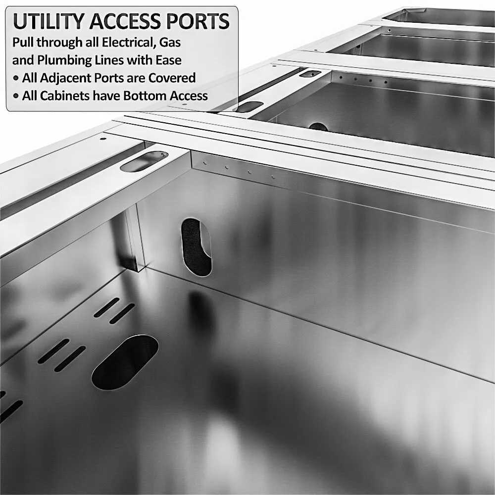 The inside of the Sunstone Brazos 9ft Outdoor Grill & Cabinet Island Package reveals utility ports for pulling through electrical, gas, and plumbing lines