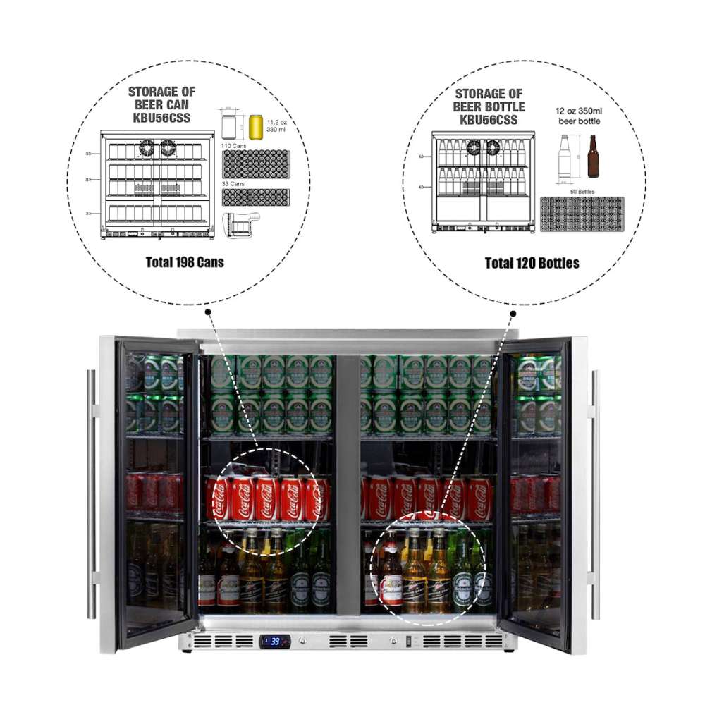 KingsBottle 36 Inch Heating Glass 2 Door Built In Beverage Fridge-Freedom Room