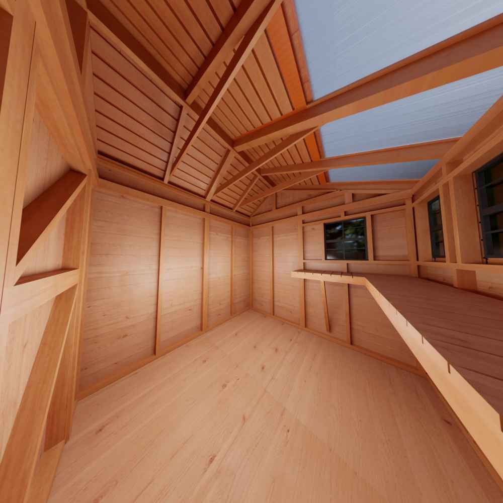 The interior of the Outdoor Living Today 8×8 Sunshed Garden Shed shows natural wood panels, a sloped ceiling, and a built-in shelf under the windows