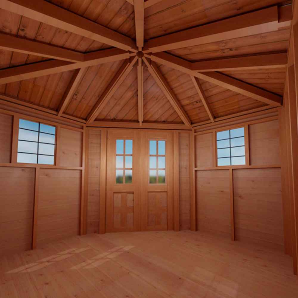 The interior of the Outdoor Living Today 9×9 Penthouse Garden Shed shows a spacious wooden ceiling with exposed beams and windows