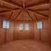The interior of the Outdoor Living Today 9×9 Penthouse Garden Shed shows a spacious wooden ceiling with exposed beams and windows