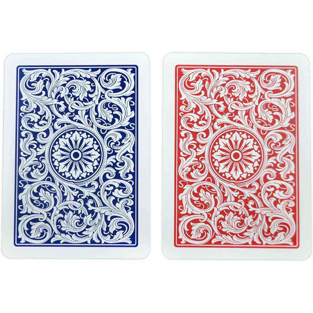 The intricate, floral back designs of the BBO Poker Tables Copag Masters 100% Plastic Playing Cards in blue and red