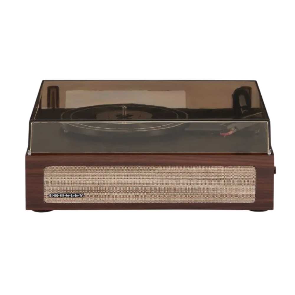 The natural woodgrain finish and woven speaker grille stand out on the Crosley Scout Turntable - Walnut when fully closed with the dust cover shut