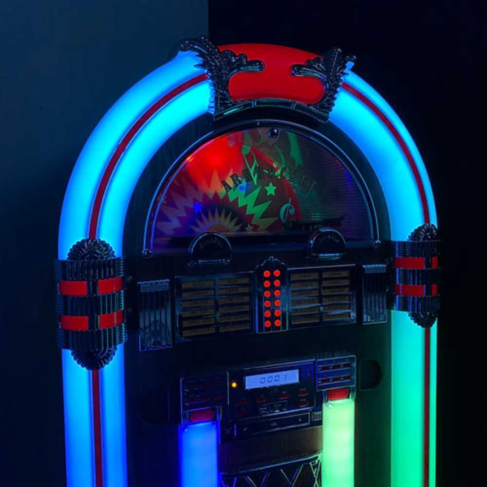 The neon blue and green lighting of the Arkrocket Saturn V Full Size Bluetooth Vinyl Record Jukebox