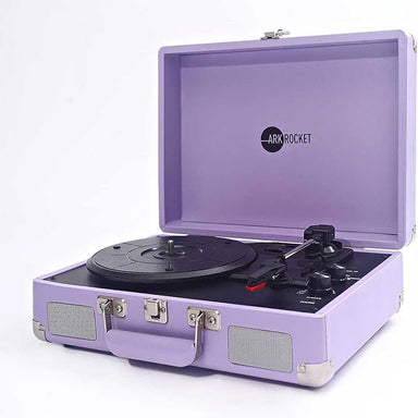 The open Arkrocket Curiosity Suitcase Bluetooth Turntable (Lavender) reveals the turntable inside the lavender case