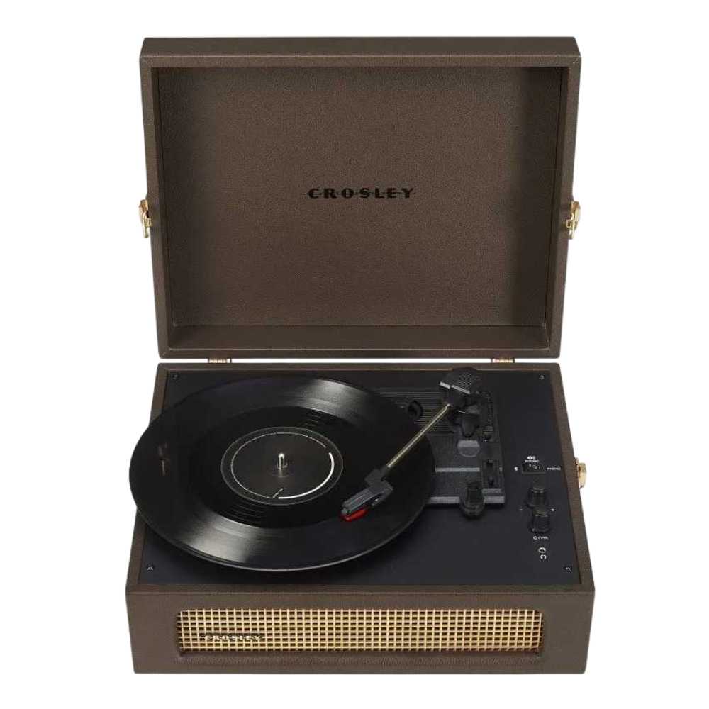 The open Crosley Voyager Portable Turntable with Bluetooth Out - Cocoa displays its vintage-inspired aesthetics