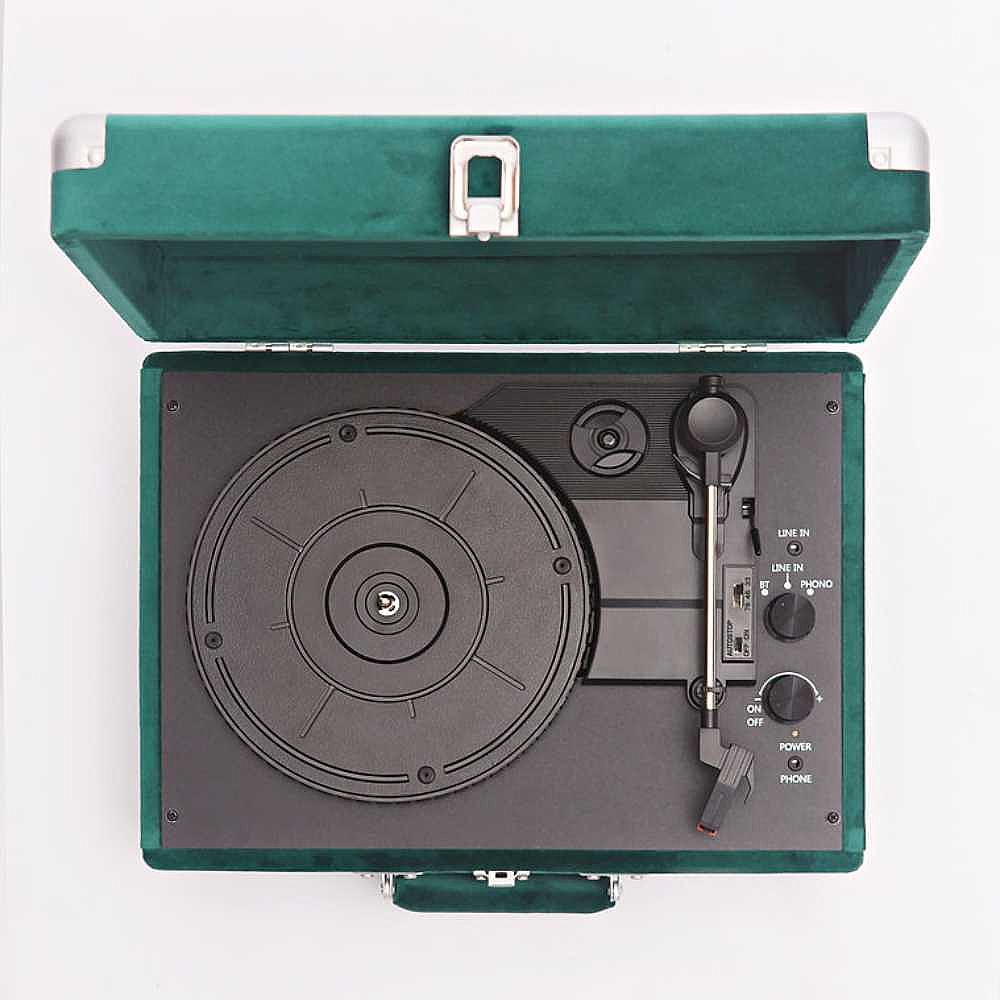 The overhead view of Arkrocket Curiosity Suitcase Bluetooth Turntable (Green Velvet) reveals its compact turntable design, with controls for speed, power, and input options