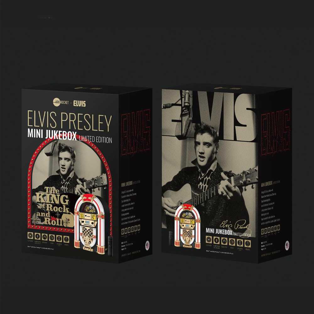 The packaging for the Arkrocket Elvis Presley Mini Jukebox Tabletop CD Player Bluetooth Speaker (BlackGold)