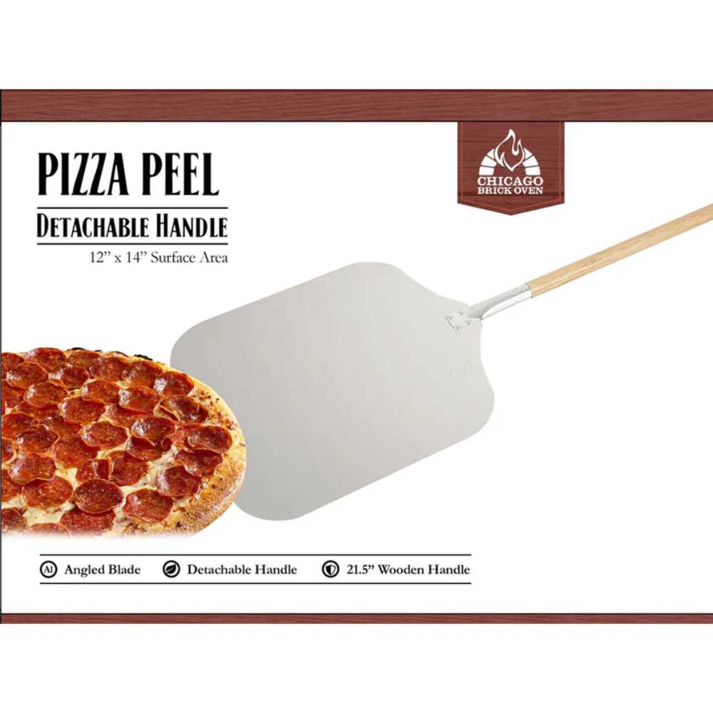 The packaging of the Chicago Brick Oven 12 x 14 Pizza Peel - Pizza Paddle highlights the detachable handle, angled blade, and 12 x 14 surface area