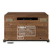 The rear view of the Crosley Musician Entertainment Center - Walnut reveals the CD player slot, caution labels, ventilation holes, and an attached power cord