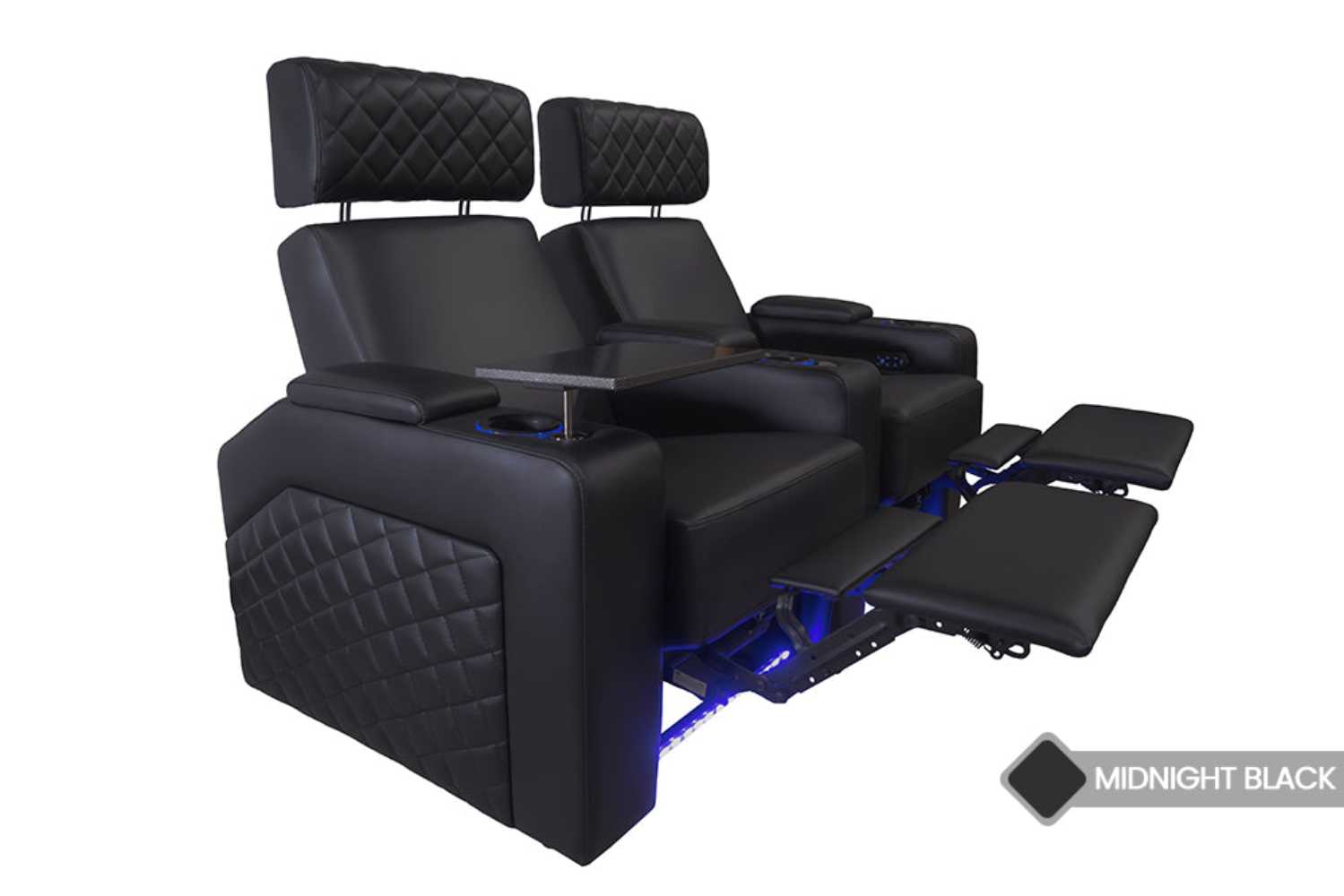 The reclining feature of the Valencia Zurich Home Theater Seating, showcasing fully extended footrests and adjustable headrests