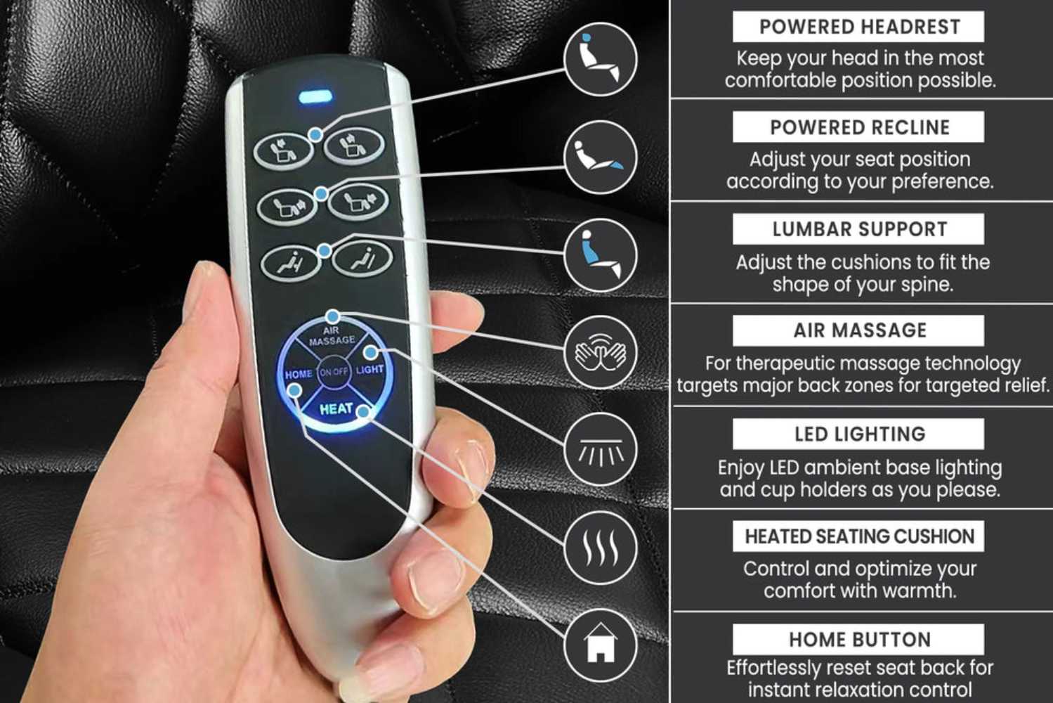 The remote for Valencia Tuscany Heat & Massage Home Edition Theater Seating features intuitive buttons for headrest, lumbar, massage, heat, and LED lighting control