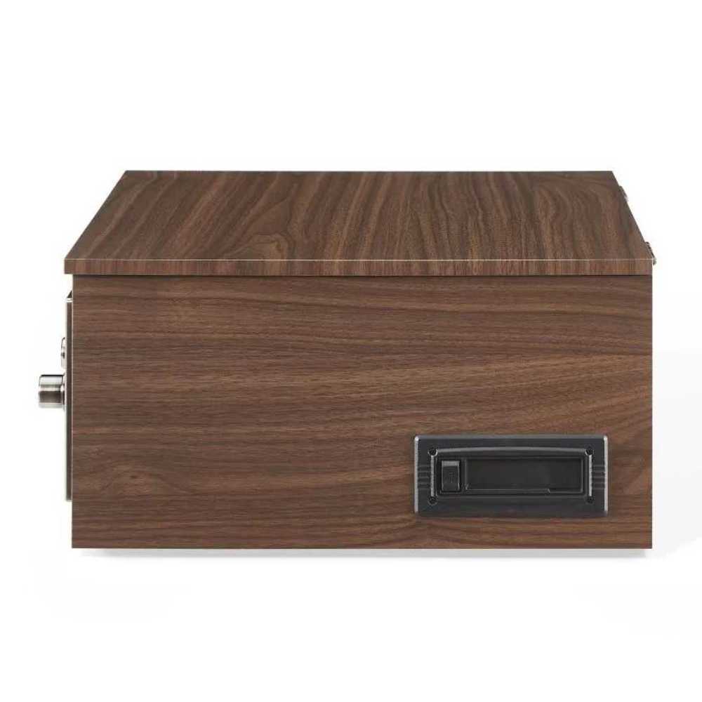 The right side view of the Crosley Serenade 8-In-1 Record Player - Walnut shows the cassette player slot built into the wooden design