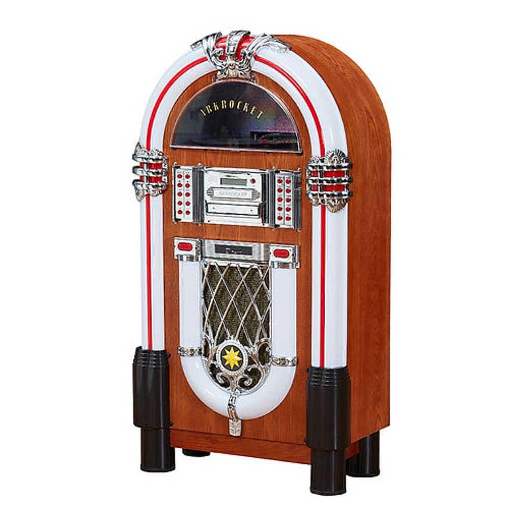 The side-angle shot of Arkrocket Taurus II Jukebox - Maple 2024 New Upgrade highlights its curved body and intricate chrome detailing