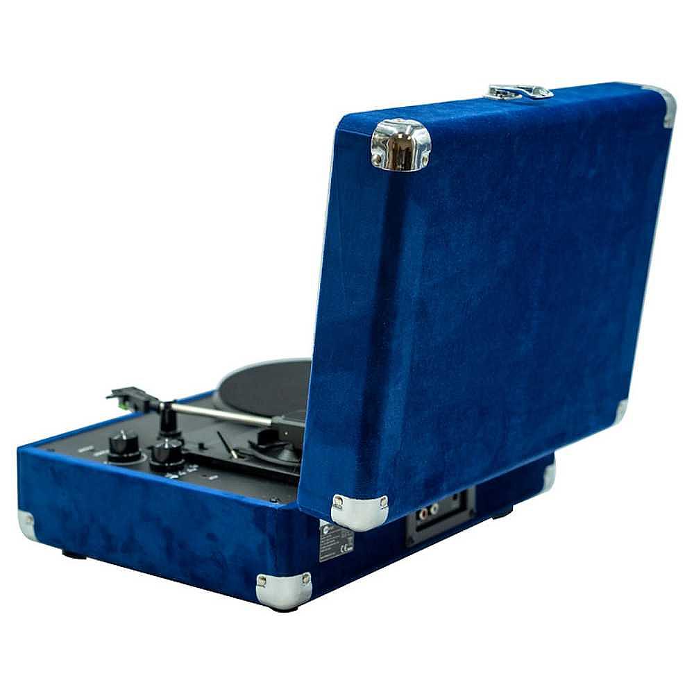 The side angle view of the Arkrocket Curiosity Suitcase Bluetooth Turntable (Klein Blue) with the lid partially open