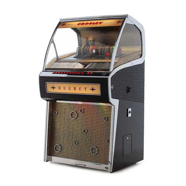 The side profile of the Crosley Rocket 80 CD Bluetooth Full-Size Jukebox - Black, showcasing its iconic logo and elegant textured paneling