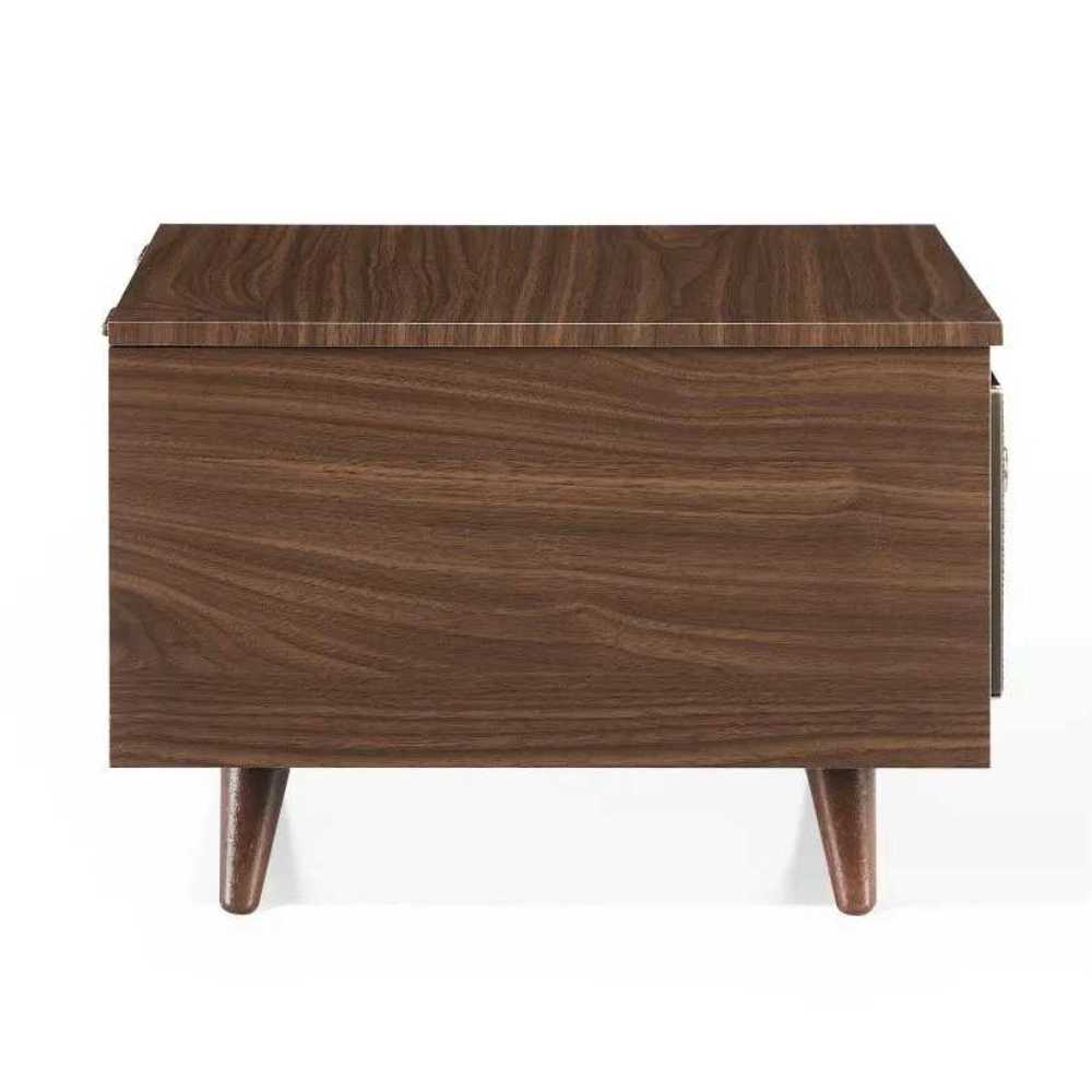 The side view of the Crosley Serenade 8-In-1 Record Player - Walnut shows its smooth walnut wood finish and mid-century modern legs