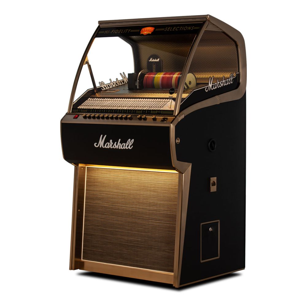 The side view of the Marshall Rocket CD Jukebox - Black showcases its vintage-inspired casing with elegant metallic accents